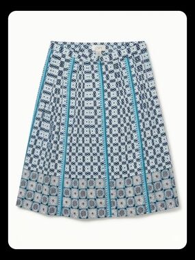 LOFT Navy and Turquoise Patterned A-Line Skirt